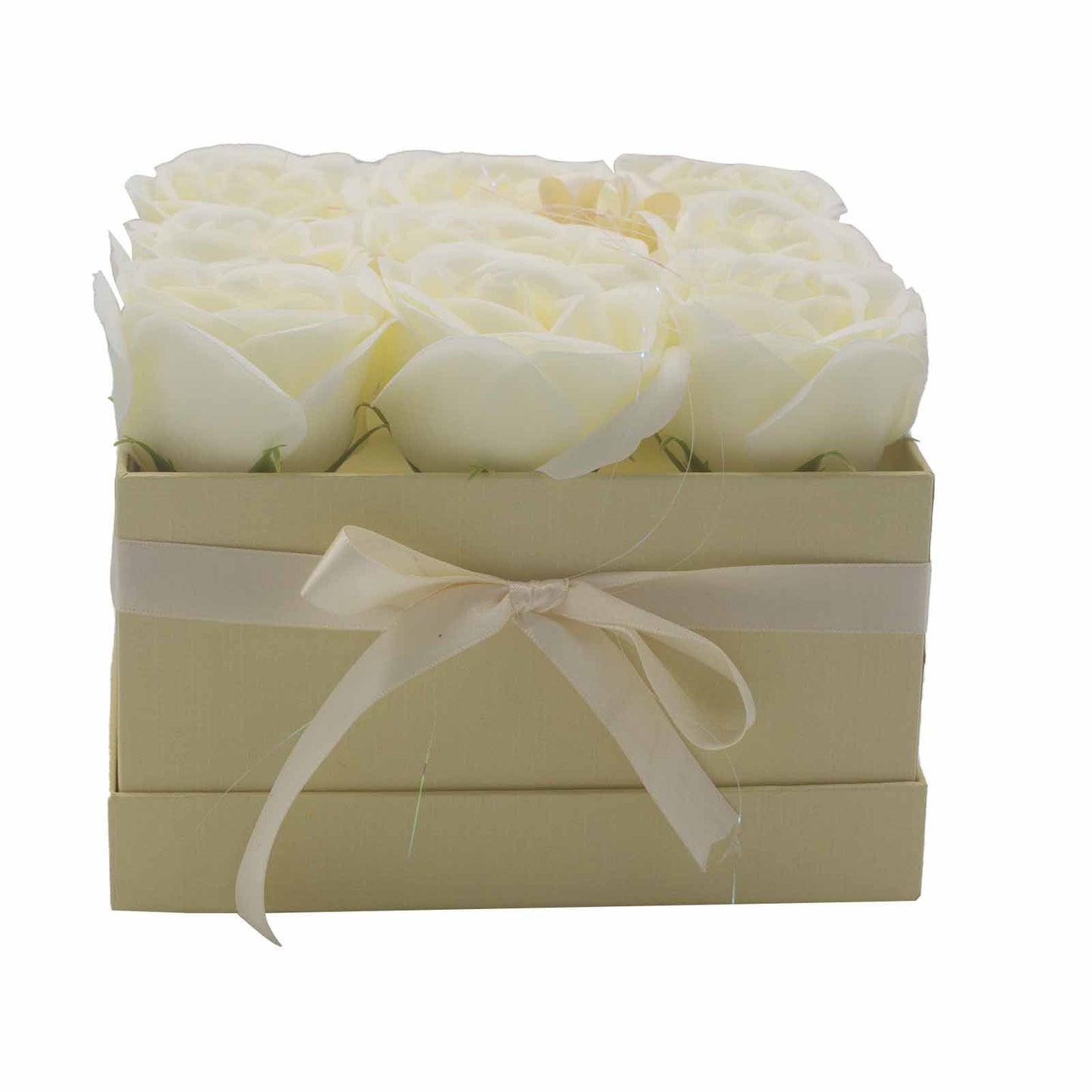Seifenblumen Geschenkstrauß - 9 Creme Rosen - Quadratisch