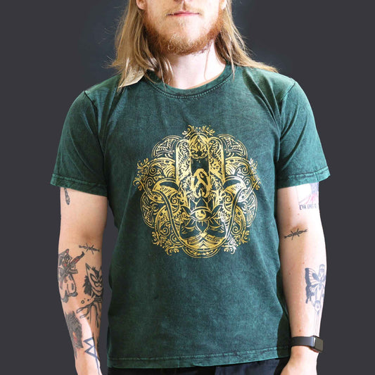 Großes Stein-Gewaschenes T-Shirt Hamsa Grün