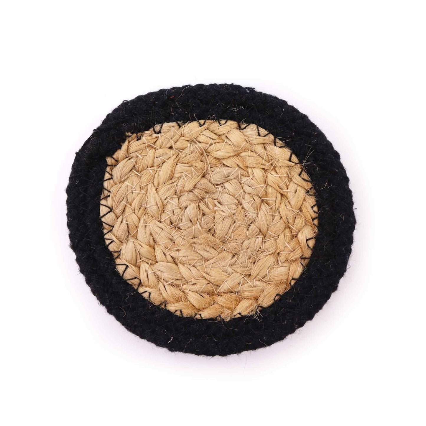 Natürlicher Untersetzer Jute und Baumwolle 10cm Set von 4 mit Schwarzem Rand