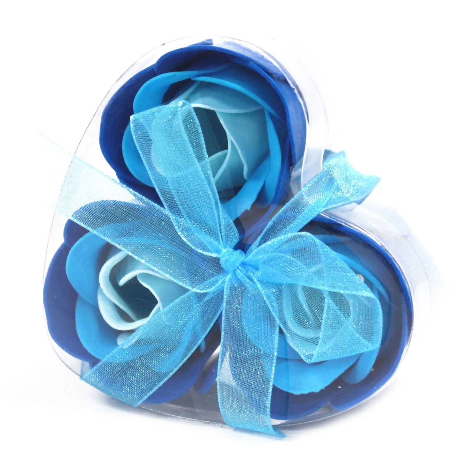 Set Mit 3 Seifenblumen Herzbox - Blaue Hochzeitsrosen