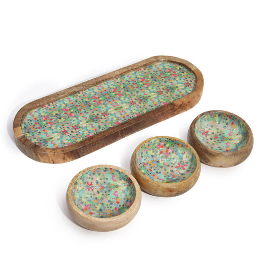 Mango Holz Tablett Mit 3 Schalen - Mediterranes Fliesenmuster