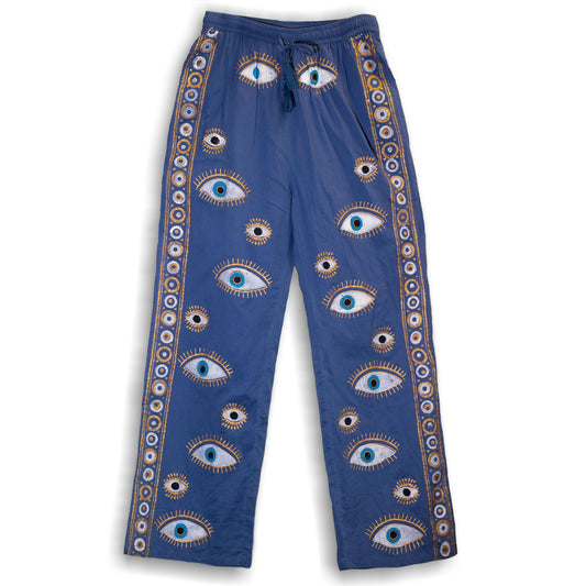 LXL Nomad Sari On The Med Kollektion Loungehosen Reich Blau Und Gold Handgemaltes Böse Auge Design