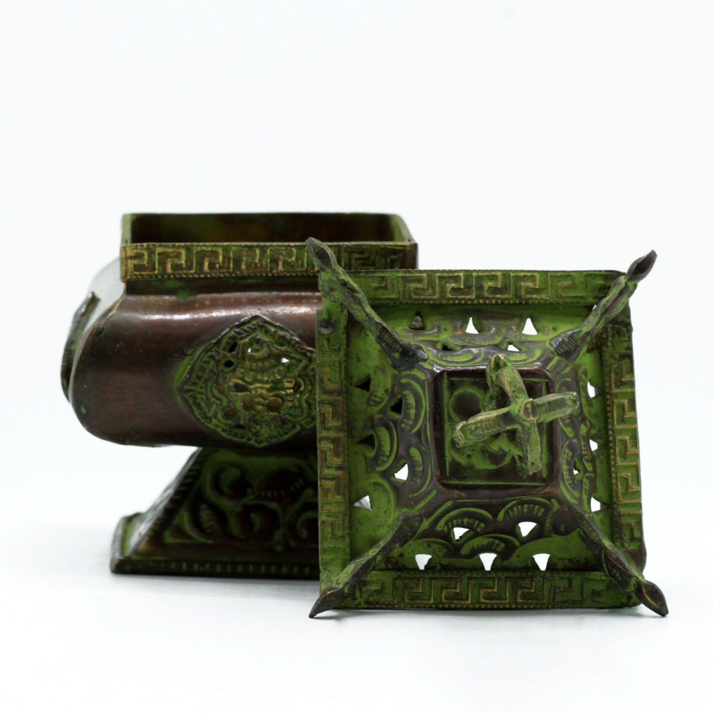 Messing Verdigris Tibetischer Räuchergefäß - Vier Symbole Quadrat Stehender Topf