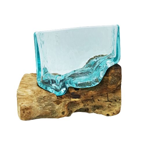 1x Geschmolzenes Glastank Auf Holz Mit Ständer - Große Schüssel