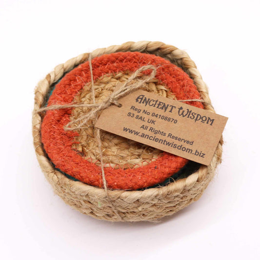 Naturuntersetzer aus Jute und Baumwolle 10cm Set aus 6 gemischten Farben im Korb