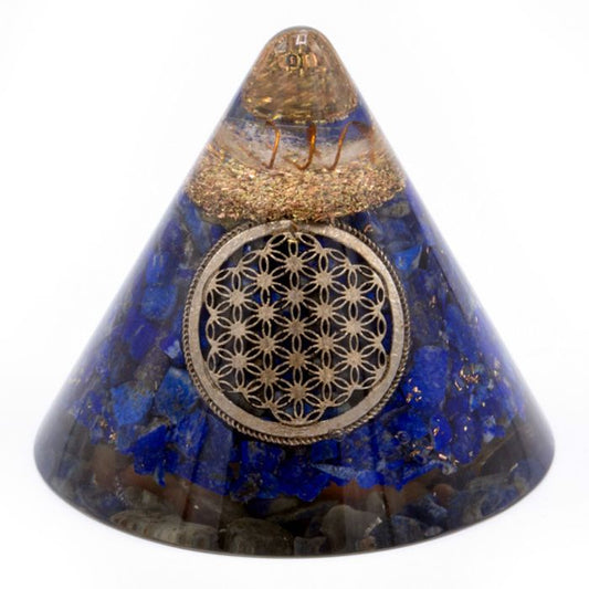 Orgonit Kegel - Lapislazuli Lebensblume - Suspended Quartz - 90 mm