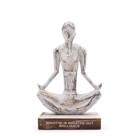 Holz Yoga Dame - Weiße Waschung - Einfache Pose - Atme Ein Atme Aus Brillanz