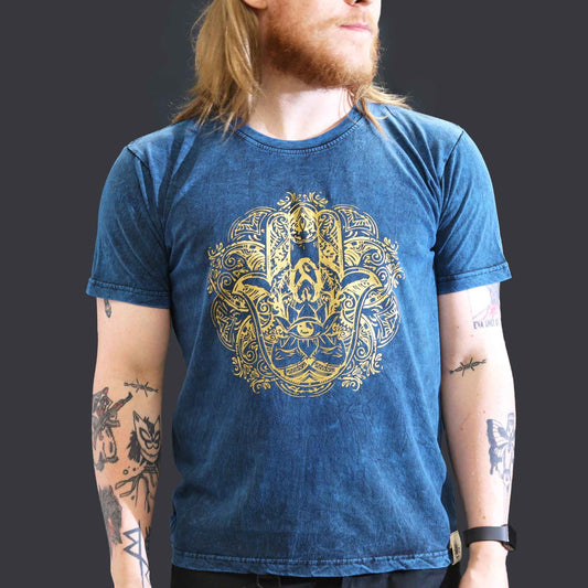 Großes Stein-Washed T-Shirt Hamsa Blau