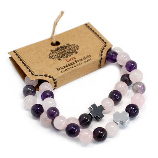 Set Aus 2 Edelstein Freundschaftsarmbändern Liebe Amethyst Und Rosenquarz