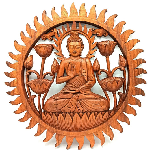 Buddha Und Lotus Wandpanel 40cm Handgefertigt Aus Nachhaltigem Suarholz