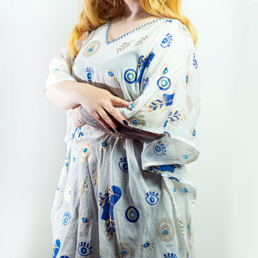 Nomad Sari Med Kollektion Kaftan Weiß Blau Gold Böse Augen Design