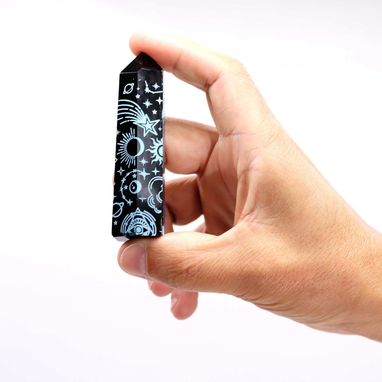 Schwarze Obsidian Punkte 60 bis 70 Gramm 9 Zentimeter Mystic Story Himmelblau