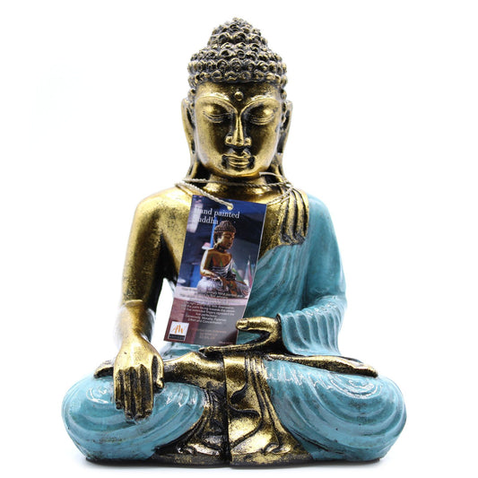 Großer Teal Und Gold Buddha Handbemalt Von Bali Kunsthandwerkern
