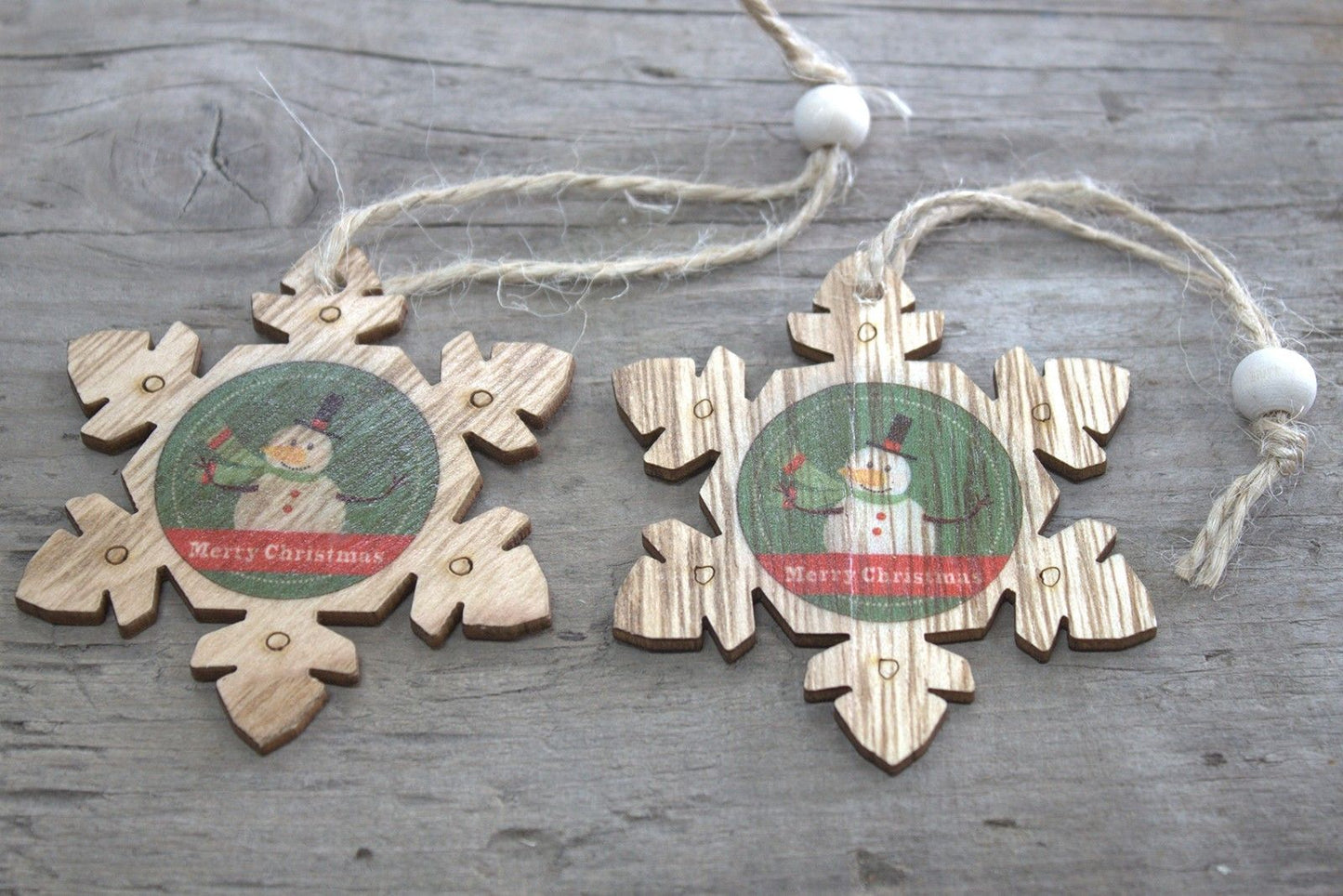 Packung Mit 2 Weihnachts Holz Dekorationen - Schneeflocke Und Schneemann