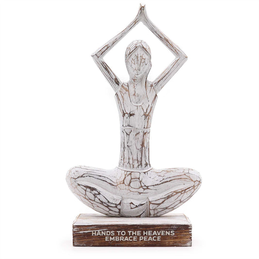 Holz Yoga Dame - Weißgewaschen - Hände Hoch Pose - Hände Zum Himmel Umarmen Frieden