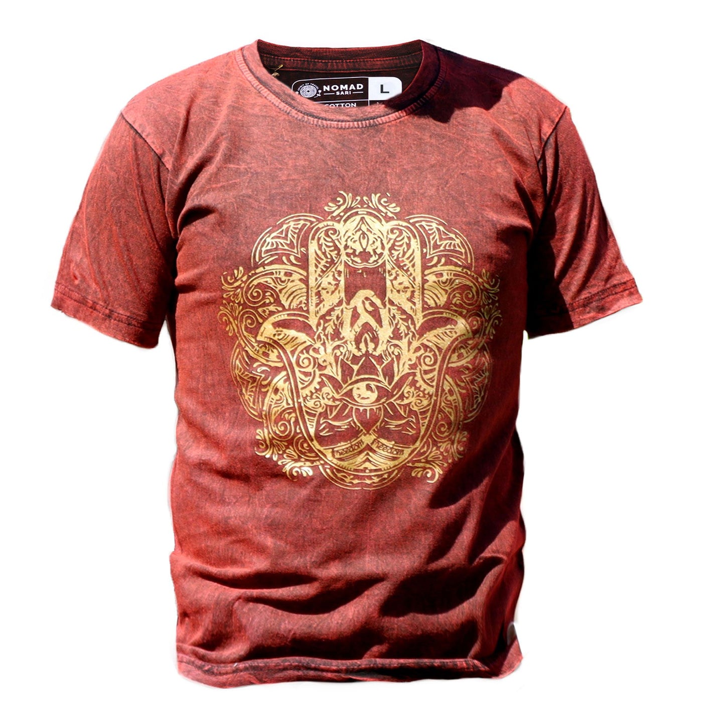 Großes Stein Gewaschenes T-Shirt Hamsa Bordeauxrot