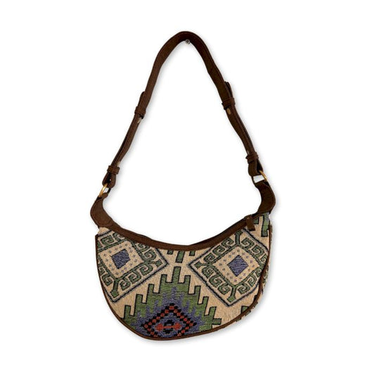 Jacquard Hobo Tasche - Geo-Grün Mit Braunem Riemen