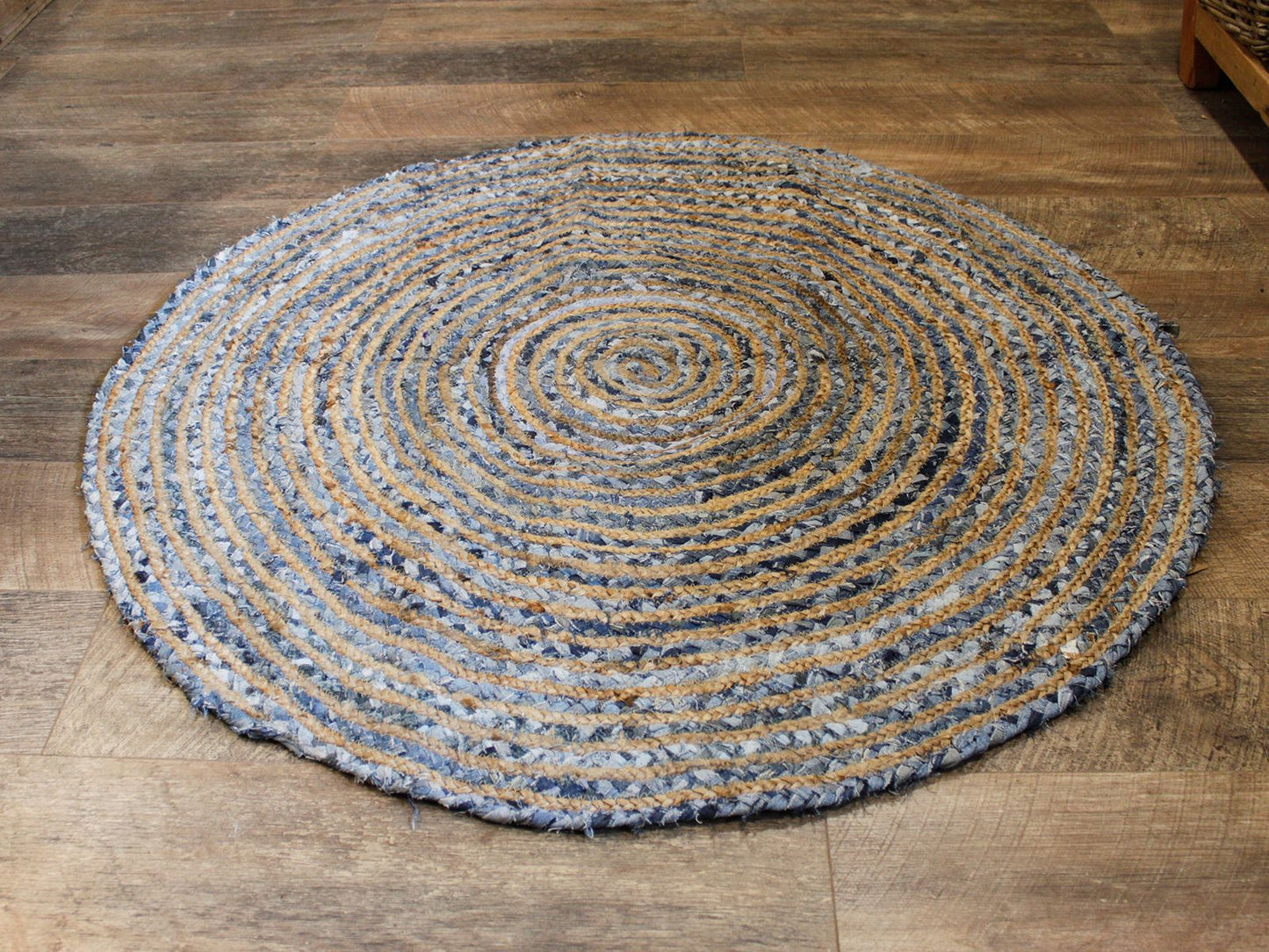 Runder Jute Und Recycling Denim Teppich 120 cm