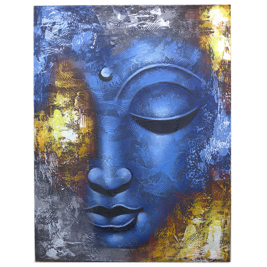 Buddha Gemälde Blaues Gesicht Abstrakt Handgemacht Mit Naturholzrahmen