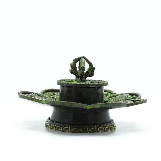 Messing Verdigris Tibetanischer Kegel Und Räucherstäbchenhalter Acht Symbole