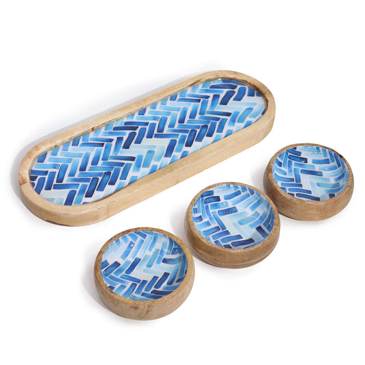 Mangoholz Tablett Mit 3 Schalen - Blaue Streifen