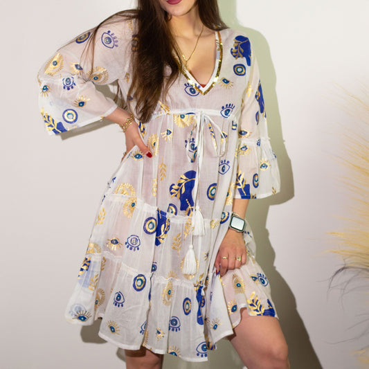 ML Nomad Sari Med Kollektion Kleid Weiß Blau Gold Böser Blick Design