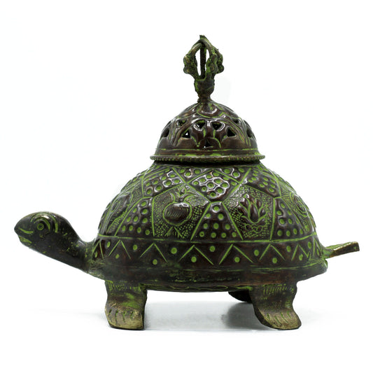 Messing Verdigris Tibetische Schildkröte Räucherstäbchenhalter Groß