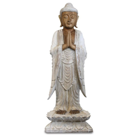 Handgeschnitzte Buddha Statue 100 cm Willkommen Weißwäsche