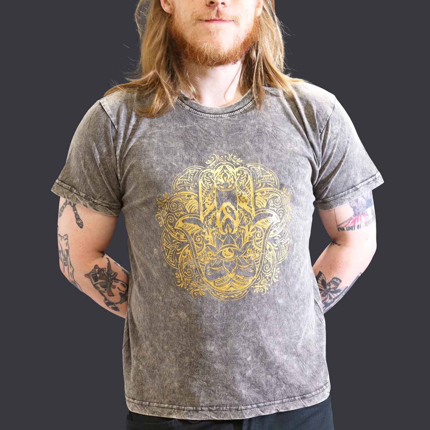Großes Stein-gewaschenes T-Shirt Hamsa Dunkelgrau