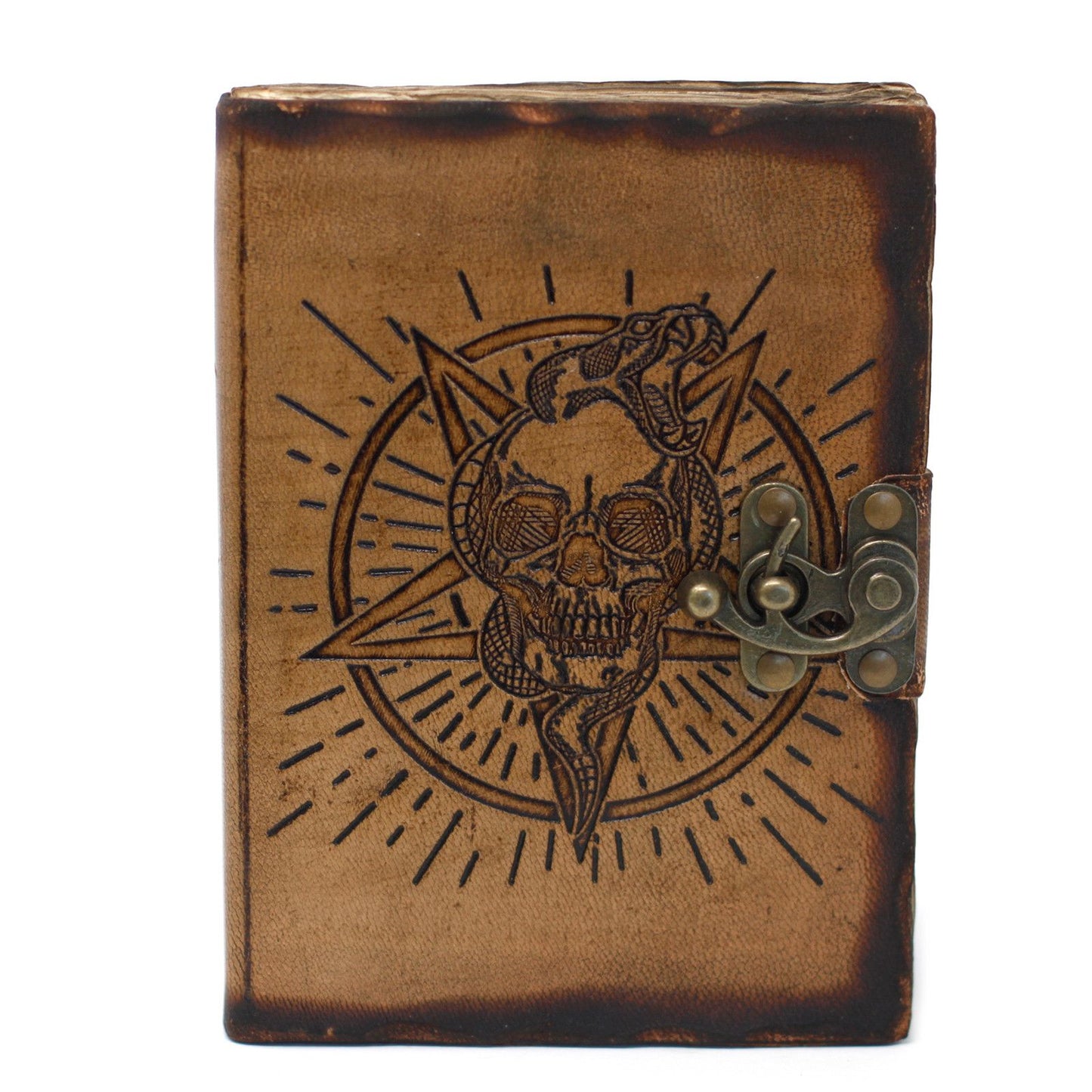 Leder Pentagon und Totenkopf mit Branddetails Notizbuch 18x13 cm