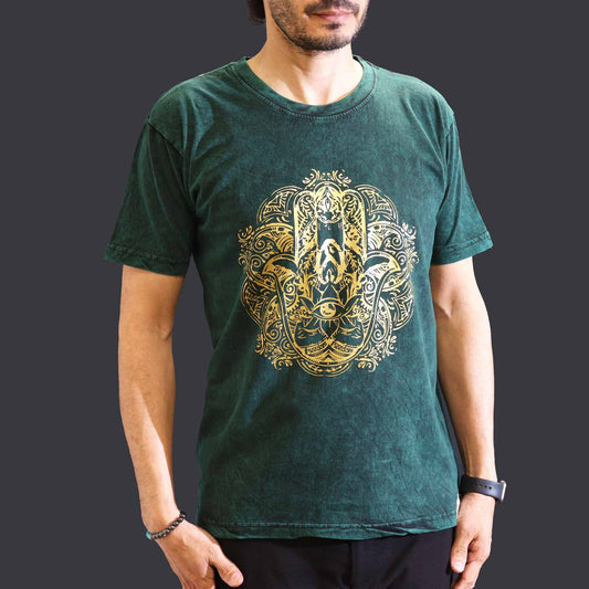 Mittleres Stein-Washed T-Shirt Hamsa Grün