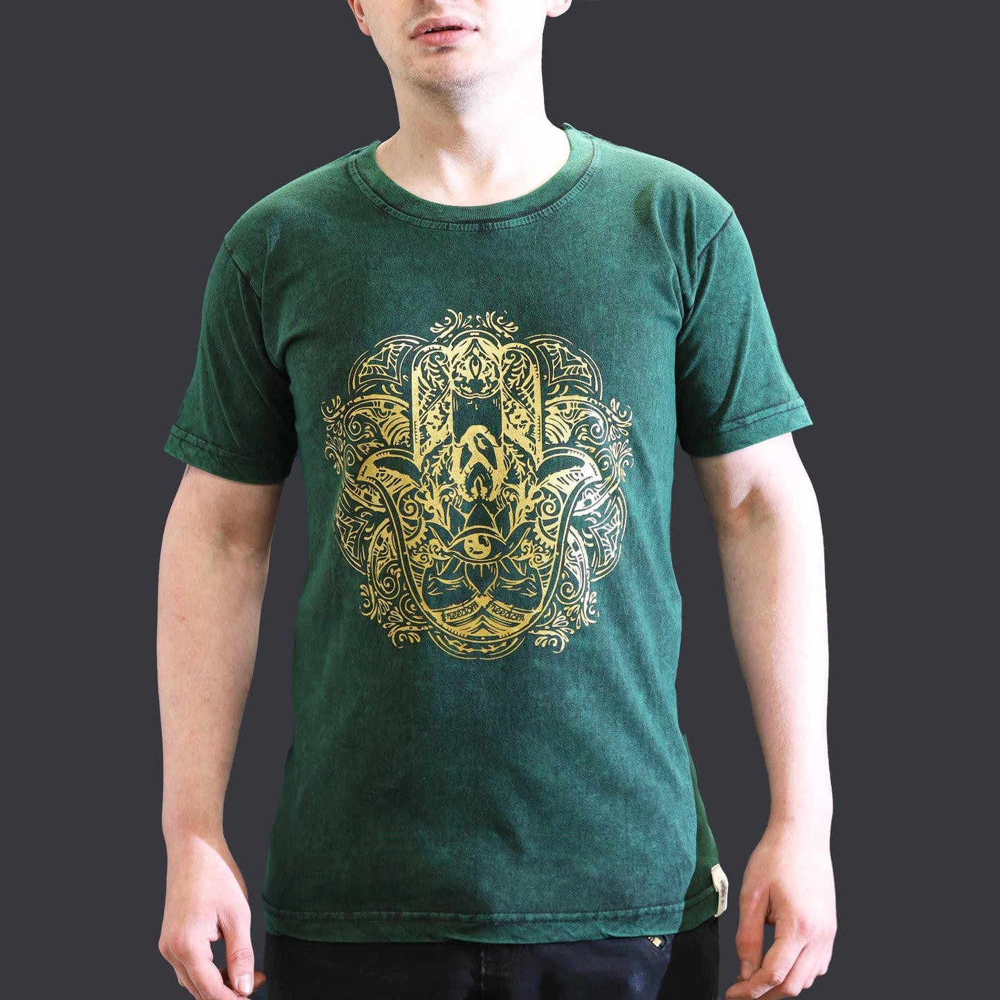 Kleines Stein-Gewaschenes T-Shirt - Hamsa - Grün