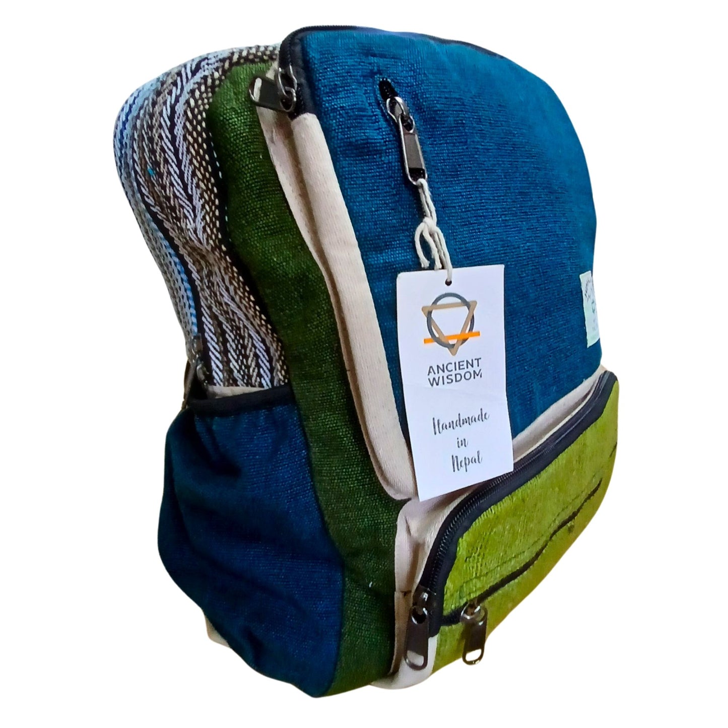 Großer Boxy Hanfrucksack - Türkis und Salbeigrün