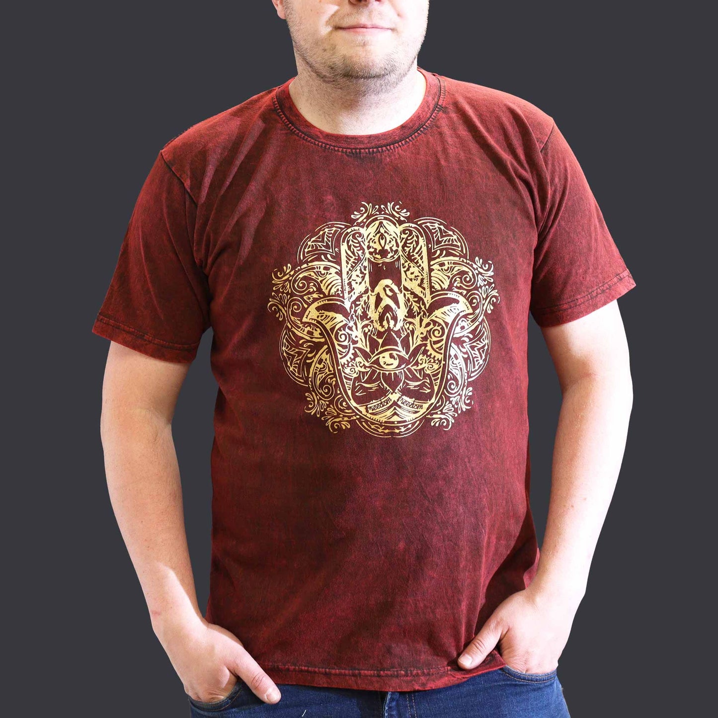 XLarge Stein Gewaschenes T-Shirt Hamsa Maroon