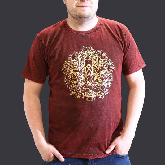 XLarge Stein Gewaschenes T-Shirt Hamsa Maroon