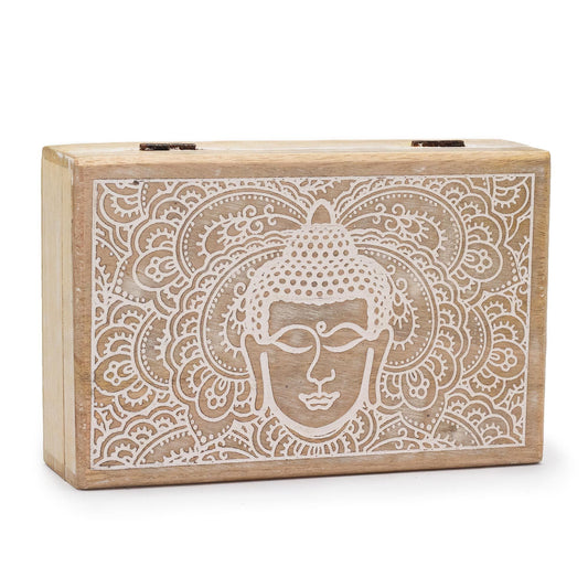 Große Rechteckige Box 21.5x14x6.3cm Buddha Gesicht Weißgewaschen
