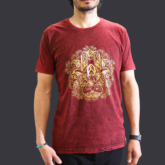 Mittlere Stein-Waschung T-Shirt Hamsa Kastanienbraun
