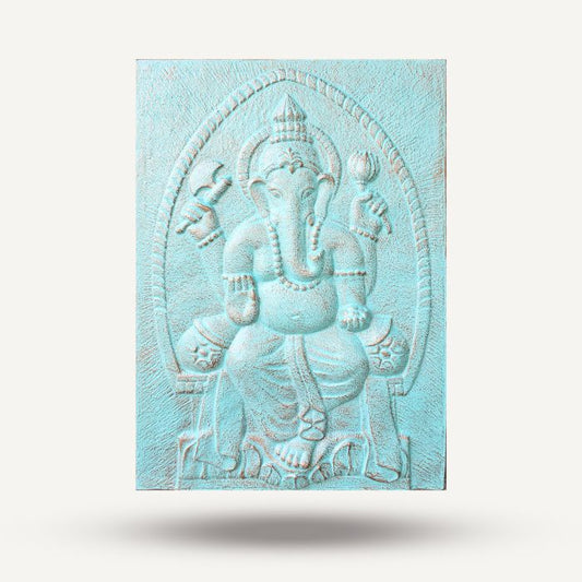 Großer Ganpati Eisenrahmen Türkis Relief 0,7x1m