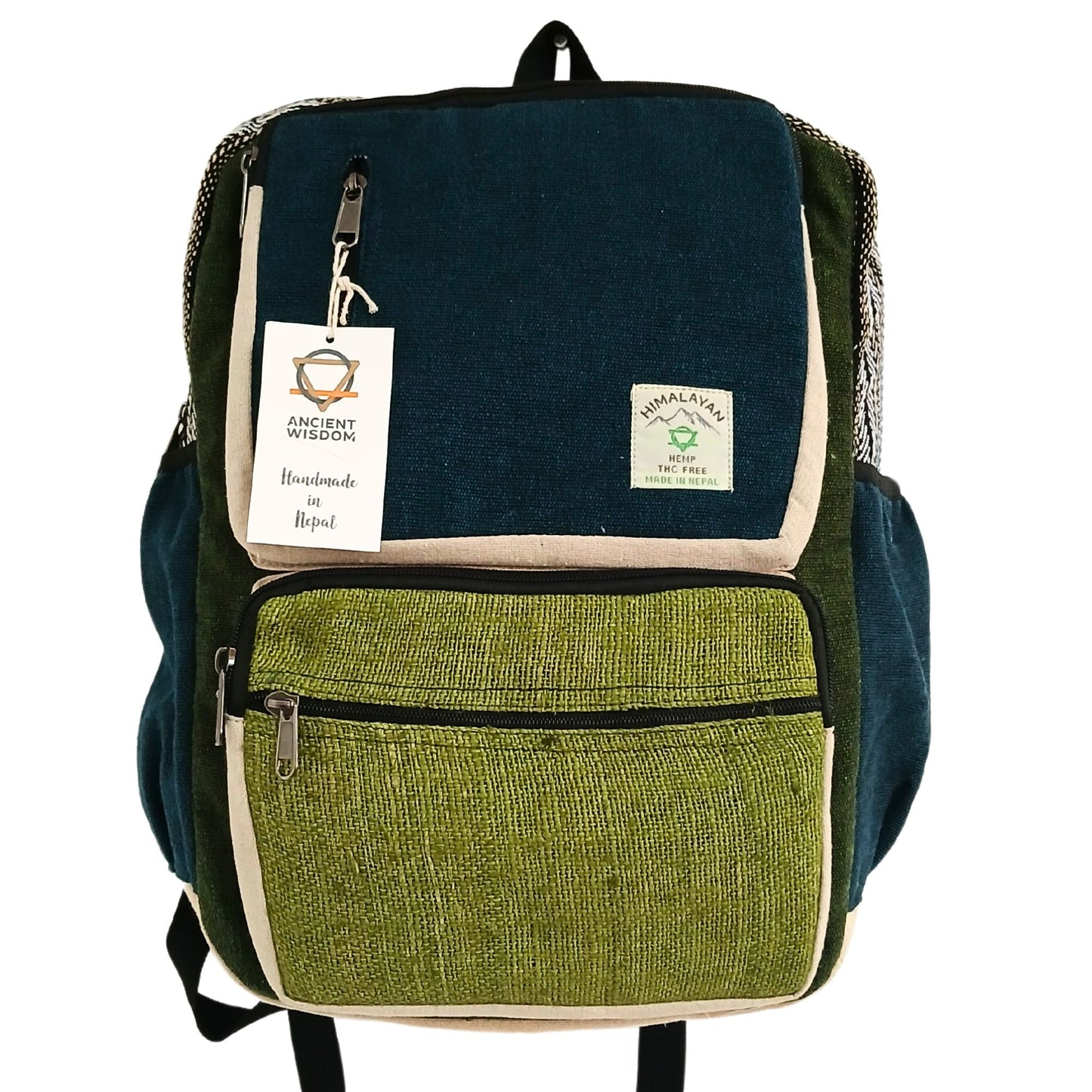 Großer Boxy Hanfrucksack - Türkis und Salbeigrün