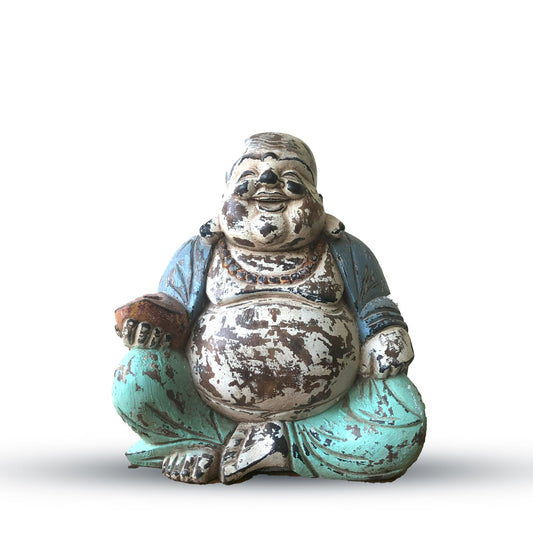 Vintage Blau Mint Handgefertigte Buddha Statue 30cm Glücklicher Buddha