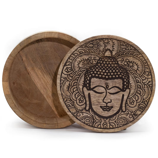 Große Runde Box 17,5x7,5cm Buddha Gesicht Schwarz Graviert