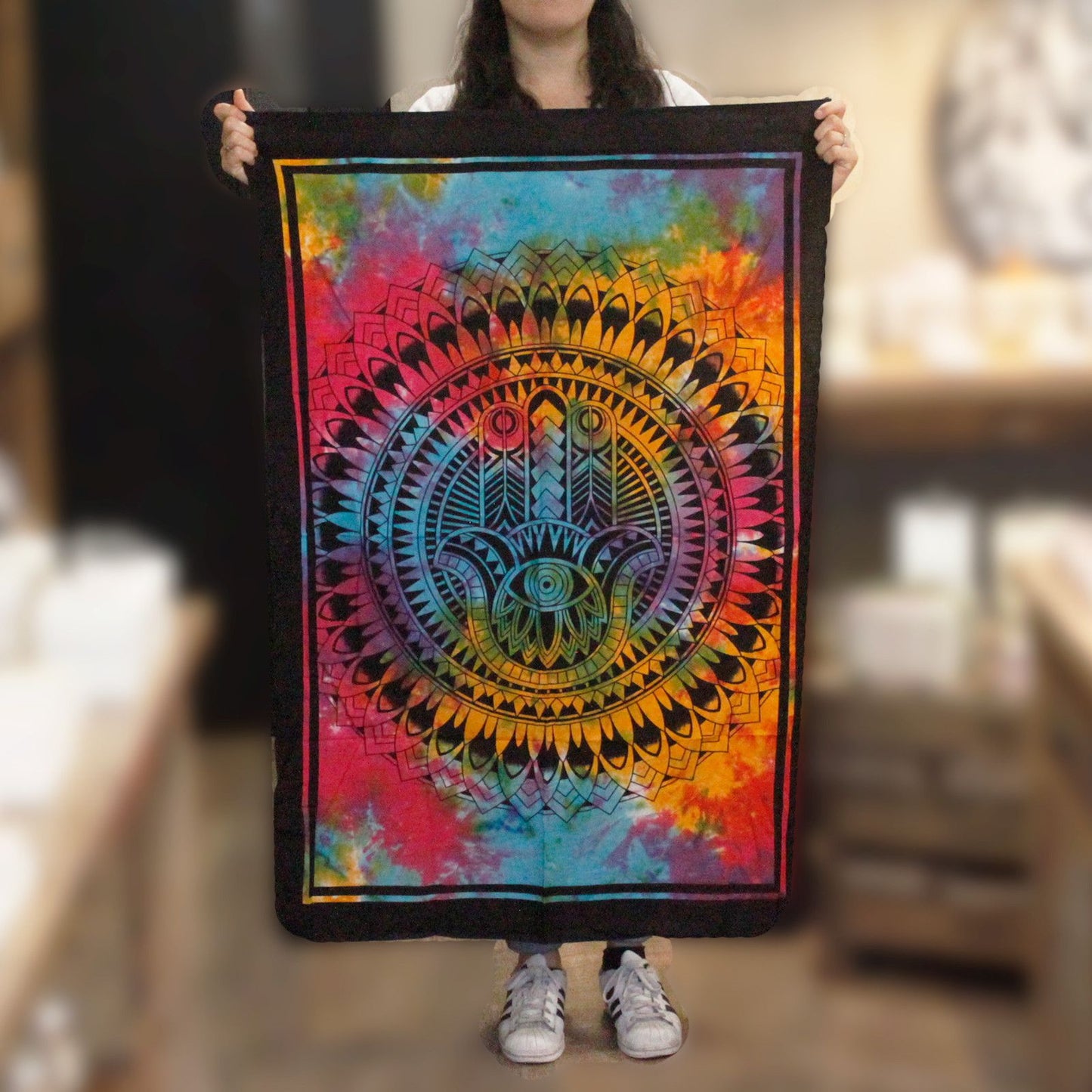 Baumwoll Wandkunst Hamsa Hand Exotisches Design In Lebhaften Farben