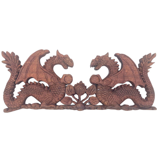 Zwei Gegenüberliegende Drachenplatte Schnitzerei 40x15cm