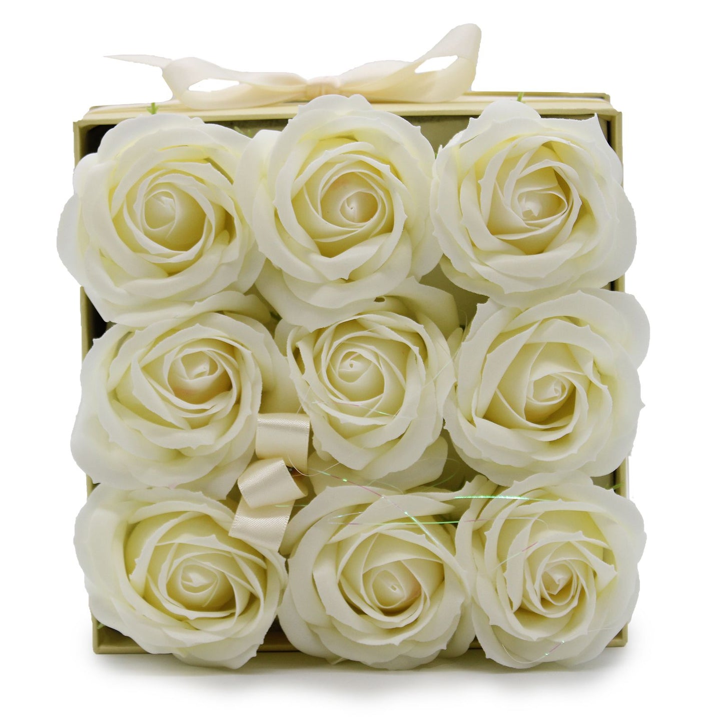 Seifenblumen Geschenkstrauß - 9 Creme Rosen - Quadratisch