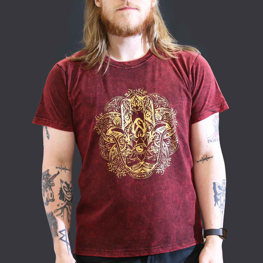 Großes Stein Gewaschenes T-Shirt Hamsa Bordeauxrot