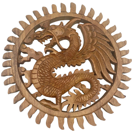 Flügelnder Sonnen Drachen Wandplatte Schnitzerei 30cm