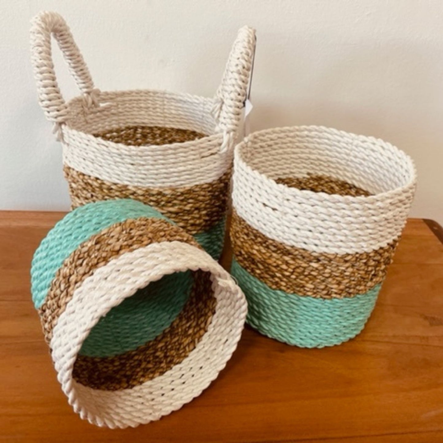 Seagrass Korb Set Grün Natur Weiß