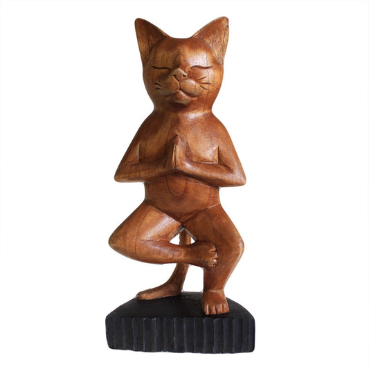 Handgeschnitzte Yoga Katze Auf Einem Bein