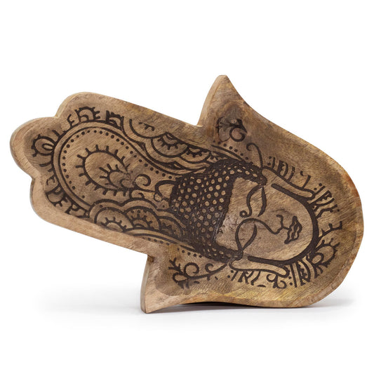Langer Tablett 30x20.5x2.5cm - Hamsa Form mit Buddha Schwarz Graviert