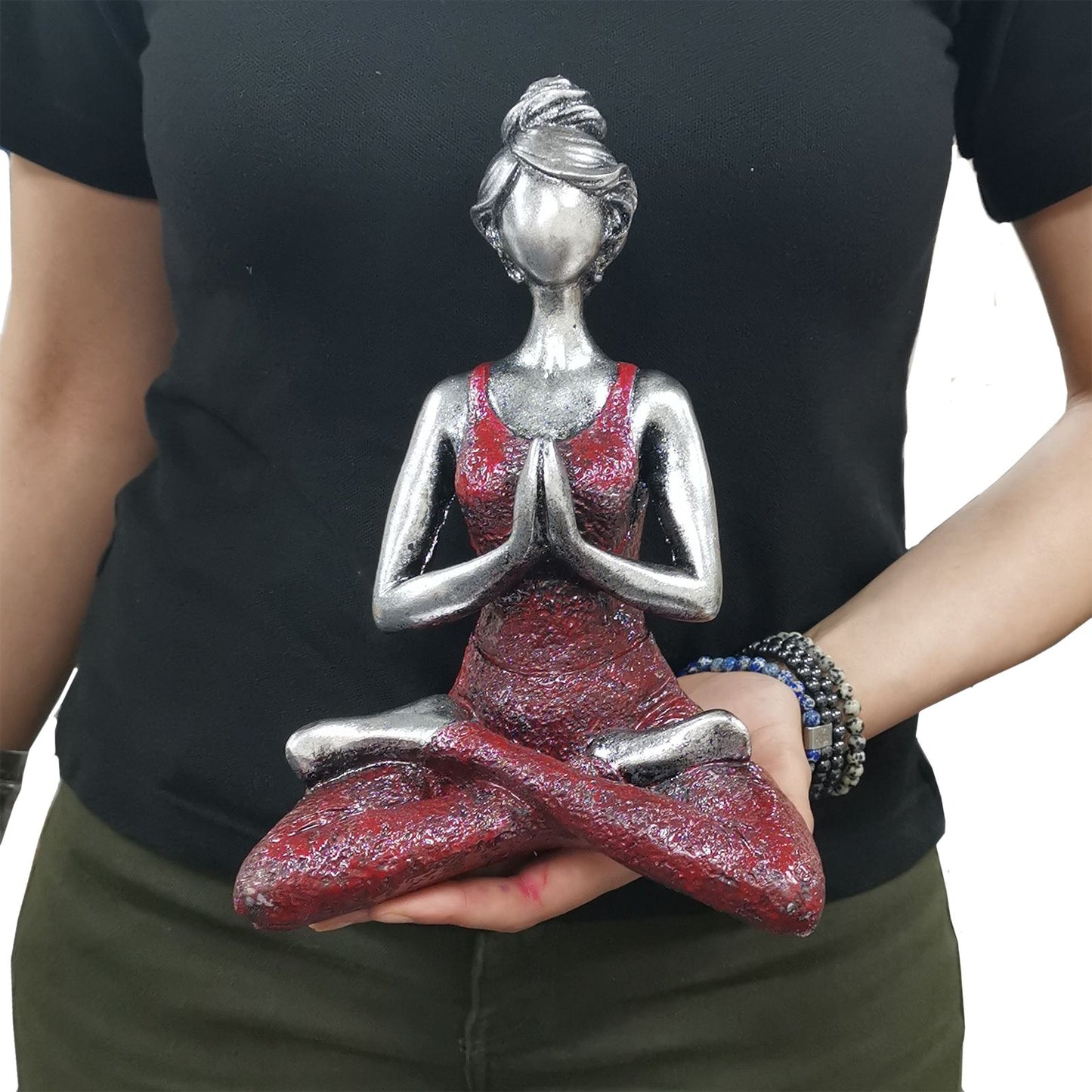 Yoga Dame Figur Silber Bordeaux 24cm Handgefertigt aus Indonesien